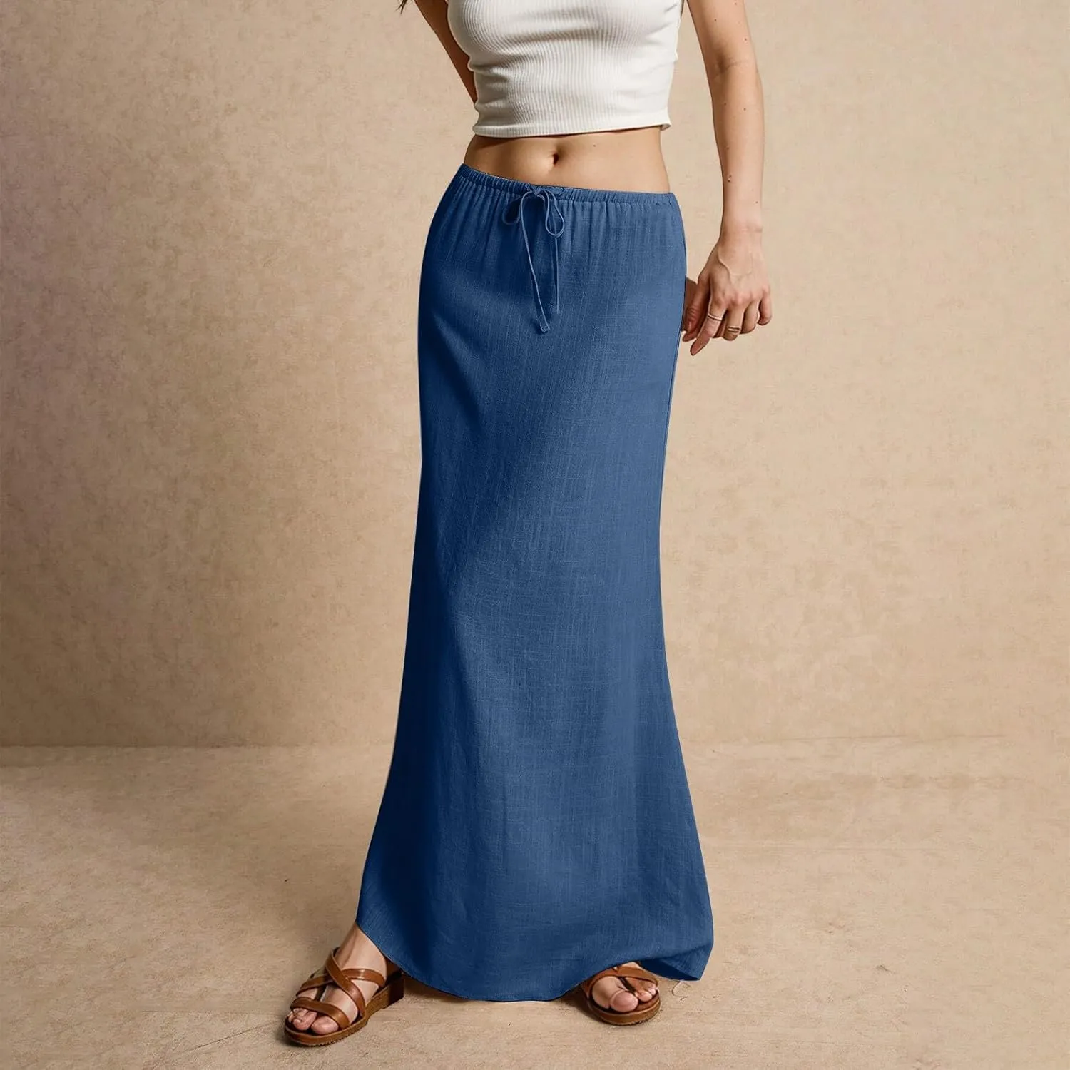 Linen Skirts for Women Summer Casual Flowy Boho Flared Stretchy High Waisted Drawstring Beach A Line Maxi Skirts