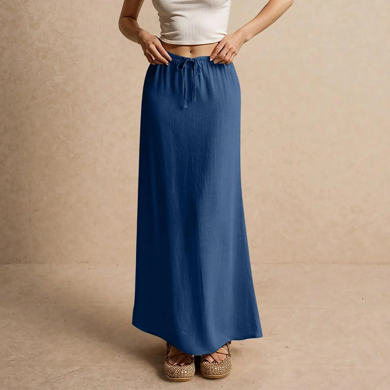 Linen Skirts for Women Summer Casual Flowy Boho Flared Stretchy High Waisted Drawstring Beach A Line Maxi Skirts