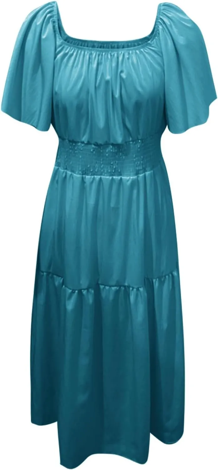 Long Dresses for Women Milkmaid Dress 2025 Trendy Short Sleeve Square Neck Smocked Waist Vacation Tiered Flowy Maxi Dress