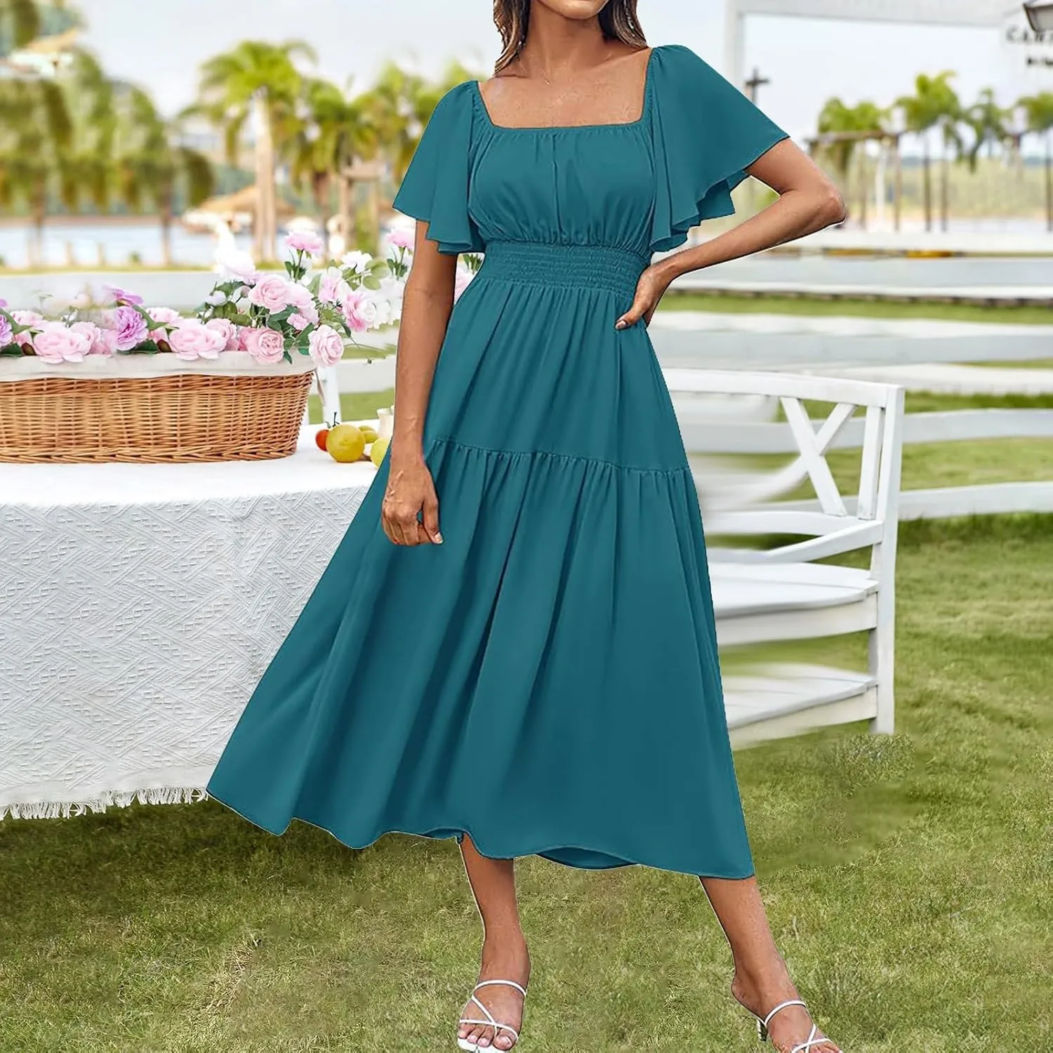 Long Dresses for Women Milkmaid Dress 2025 Trendy Short Sleeve Square Neck Smocked Waist Vacation Tiered Flowy Maxi Dress