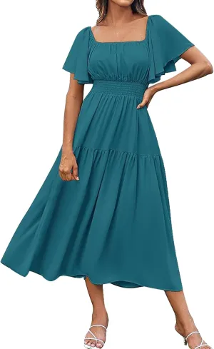 Long Dresses for Women Milkmaid Dress 2025 Trendy Short Sleeve Square Neck Smocked Waist Vacation Tiered Flowy Maxi Dress