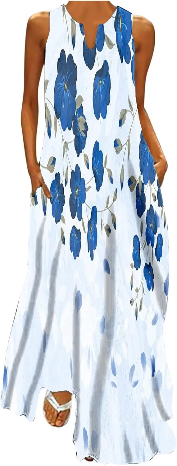 Long Dresses for Women Summer Sleeveless Floral Tank Dress Elegant Party Casual V Neck Hawaiian Sundress with Pockets
