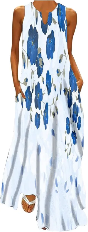 Long Dresses for Women Summer Sleeveless Floral Tank Dress Elegant Party Casual V Neck Hawaiian Sundress with Pockets