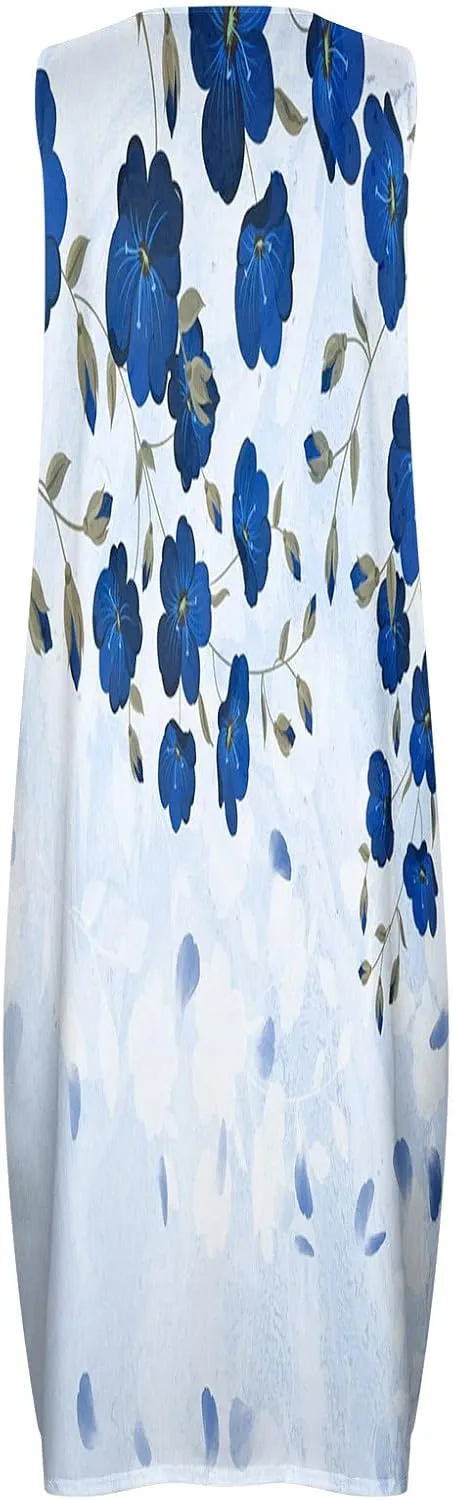 Long Dresses for Women Summer Sleeveless Floral Tank Dress Elegant Party Casual V Neck Hawaiian Sundress with Pockets