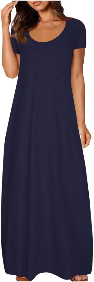Long Dresses for Women Trendy Solid Round Neck Short Sleeve Maxi Dress Beach Vacation Plus Size Dress with Pockets
