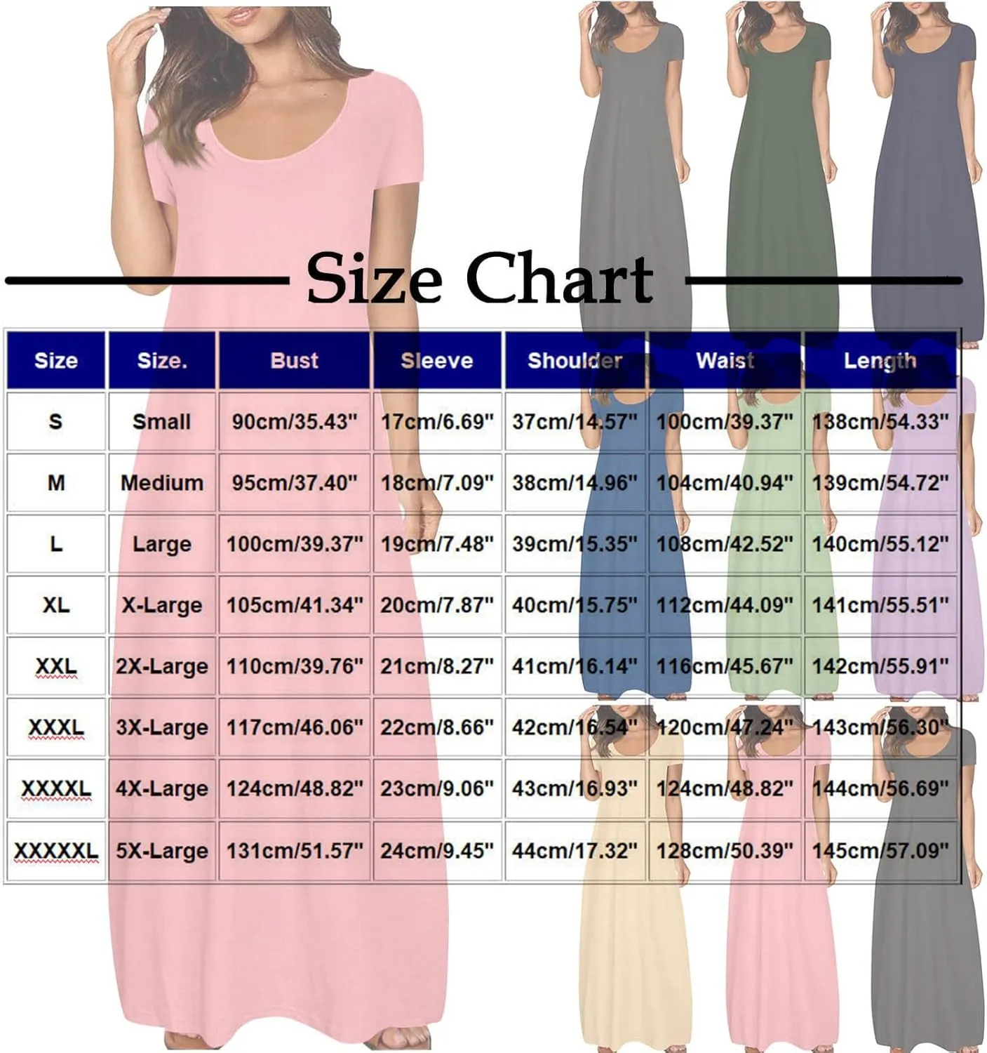 Long Dresses for Women Trendy Solid Round Neck Short Sleeve Maxi Dress Beach Vacation Plus Size Dress with Pockets