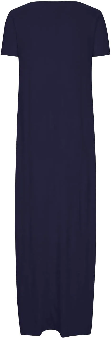 Long Dresses for Women Trendy Solid Round Neck Short Sleeve Maxi Dress Beach Vacation Plus Size Dress with Pockets