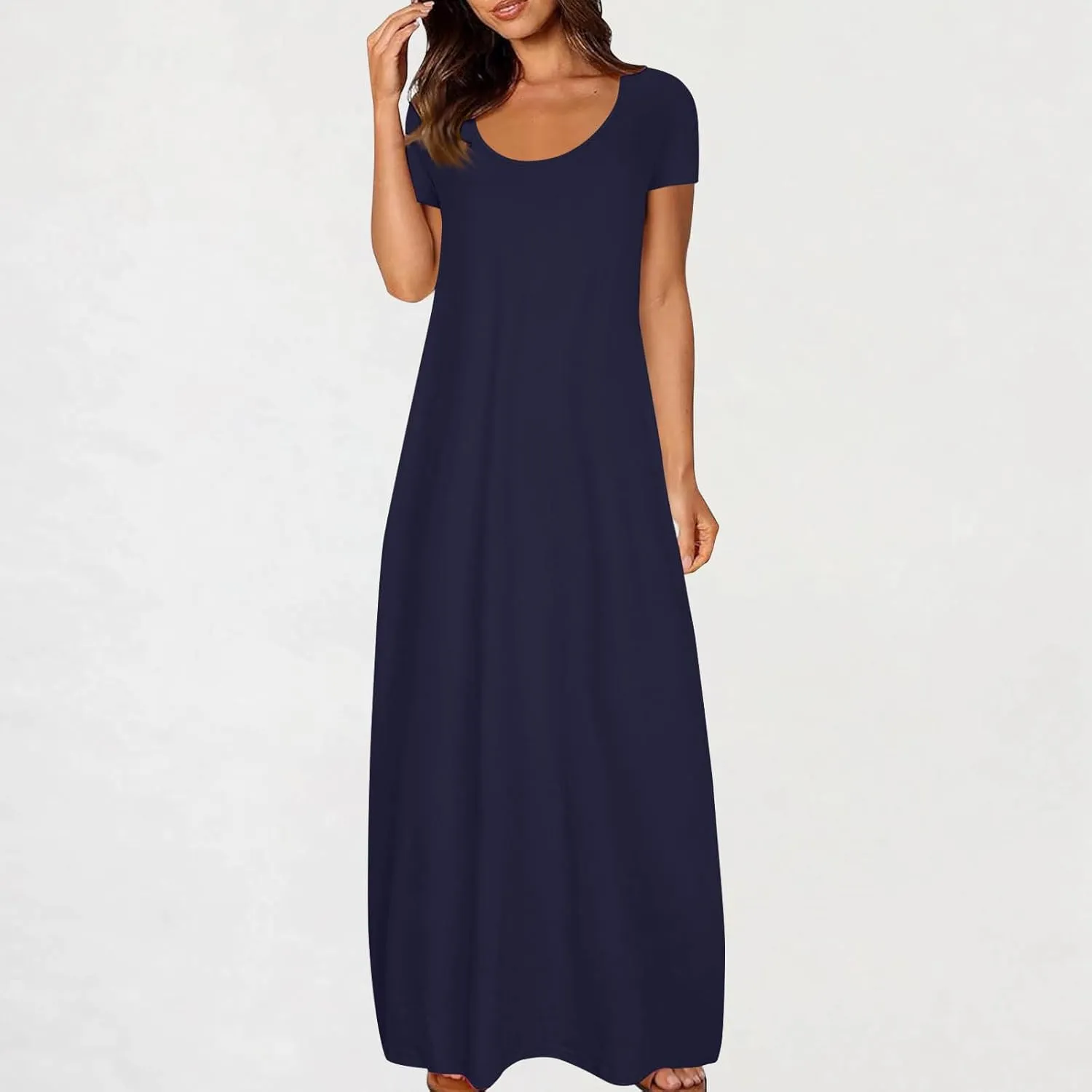 Long Dresses for Women Trendy Solid Round Neck Short Sleeve Maxi Dress Beach Vacation Plus Size Dress with Pockets