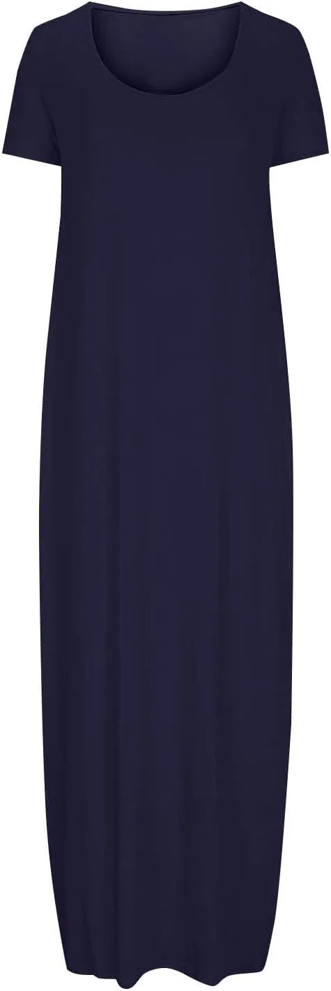 Long Dresses for Women Trendy Solid Round Neck Short Sleeve Maxi Dress Beach Vacation Plus Size Dress with Pockets