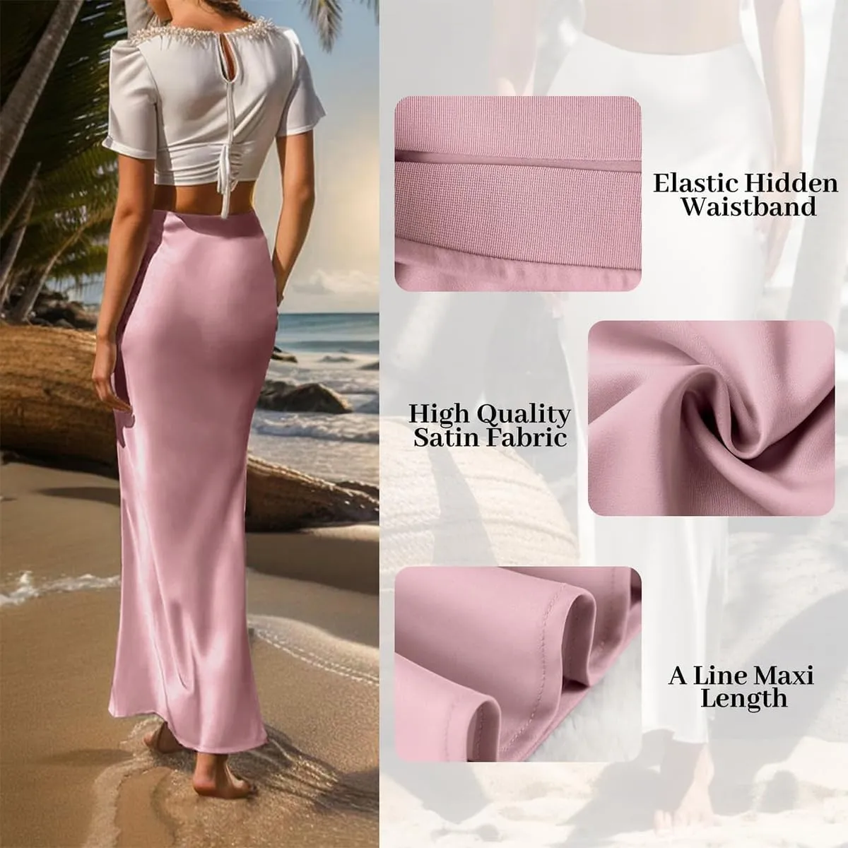 Long Satin Skirts for Women Silk Skirts Silky Elastic High Waist Flared Casual A Line Midi Skirt Cocktail Party Maxi Skirts