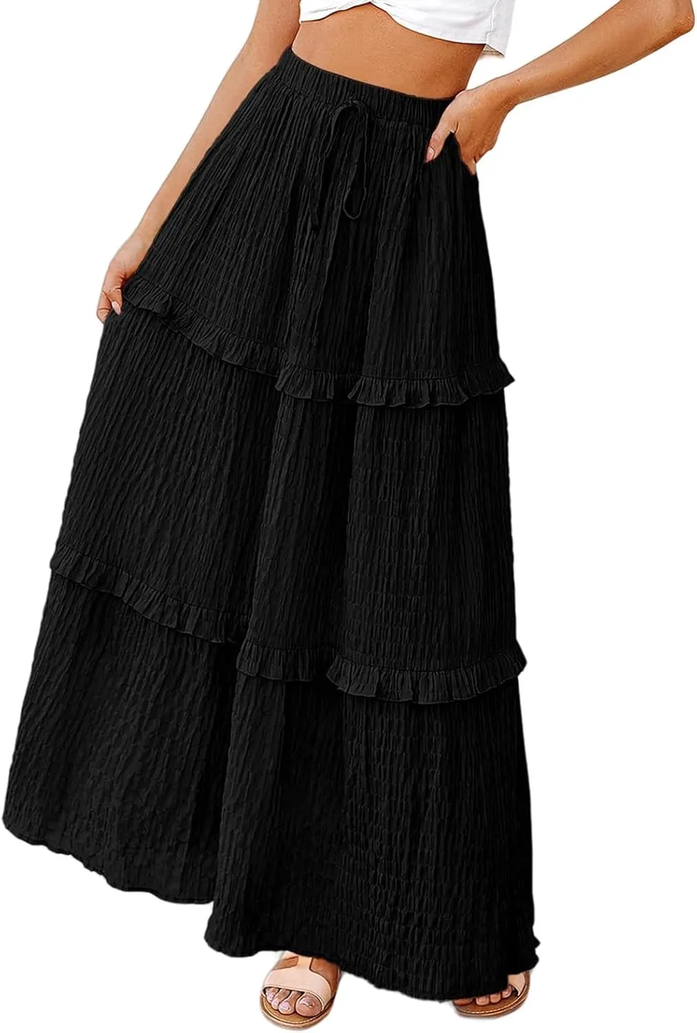 Long Skirt for Women Summer Elegant High-Waisted Ruffle Boho Pleated Maxi Dress Casual A-line Swing Flowy Skirts