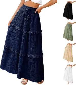 Long Skirt for Women Summer Elegant High-Waisted Ruffle Boho Pleated Maxi Dress Casual A-line Swing Flowy Skirts