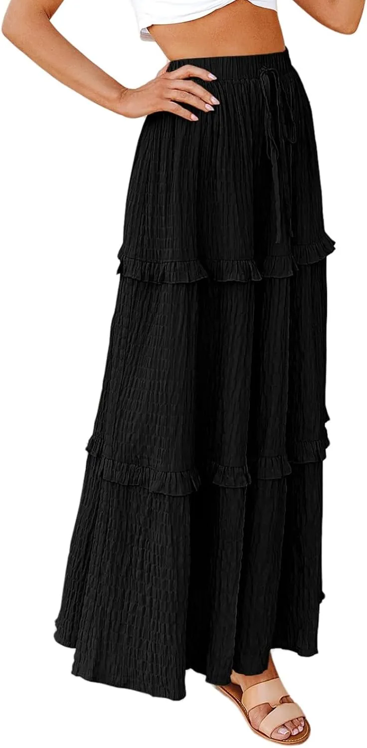 Long Skirt for Women Summer Elegant High-Waisted Ruffle Boho Pleated Maxi Dress Casual A-line Swing Flowy Skirts
