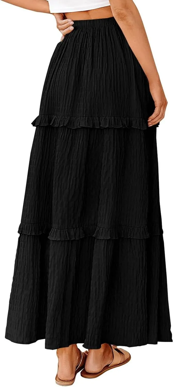 Long Skirt for Women Summer Elegant High-Waisted Ruffle Boho Pleated Maxi Dress Casual A-line Swing Flowy Skirts