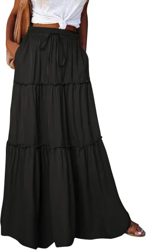 Long Skirts for Women 2025 Elastic Waist Solid Pleated Ruffle Boho Flowy A line Maxi Skirt, S-2XL