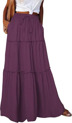 Long Skirts for Women 2025 Elastic Waist Solid Pleated Ruffle Boho Flowy A line Maxi Skirt, S-2XL