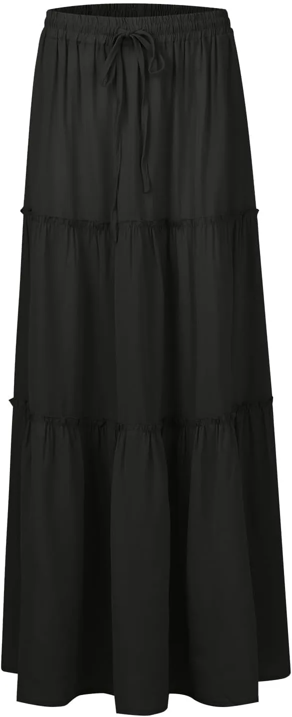 Long Skirts for Women 2025 Elastic Waist Solid Pleated Ruffle Boho Flowy A line Maxi Skirt, S-2XL