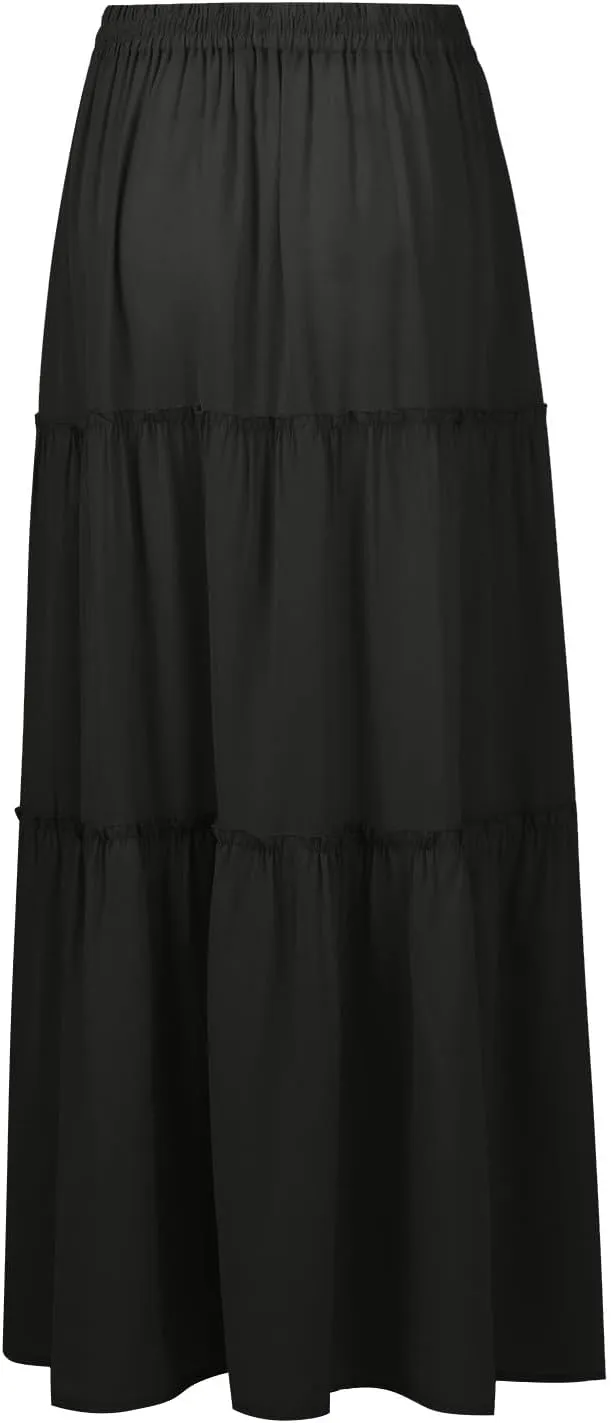 Long Skirts for Women 2025 Elastic Waist Solid Pleated Ruffle Boho Flowy A line Maxi Skirt, S-2XL