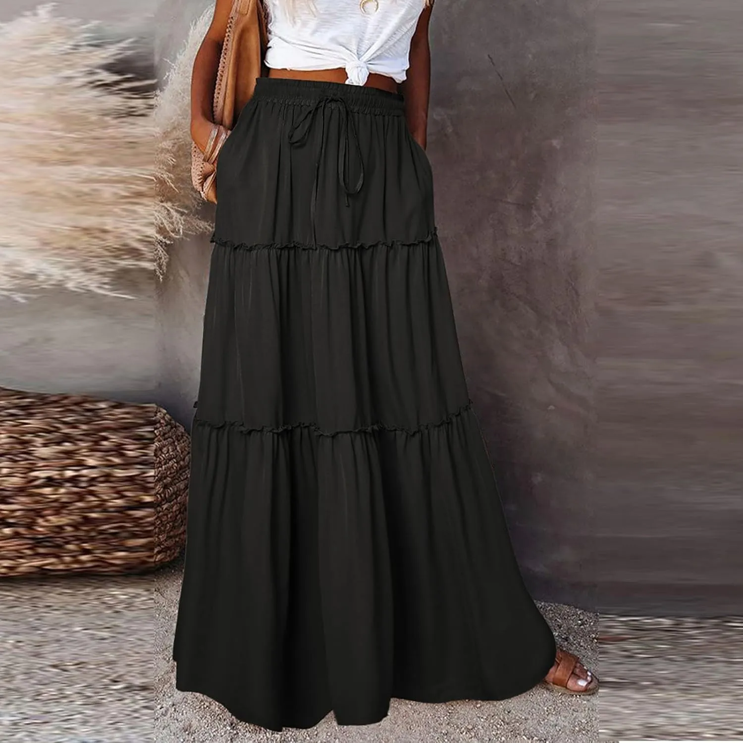 Long Skirts for Women 2025 Elastic Waist Solid Pleated Ruffle Boho Flowy A line Maxi Skirt, S-2XL