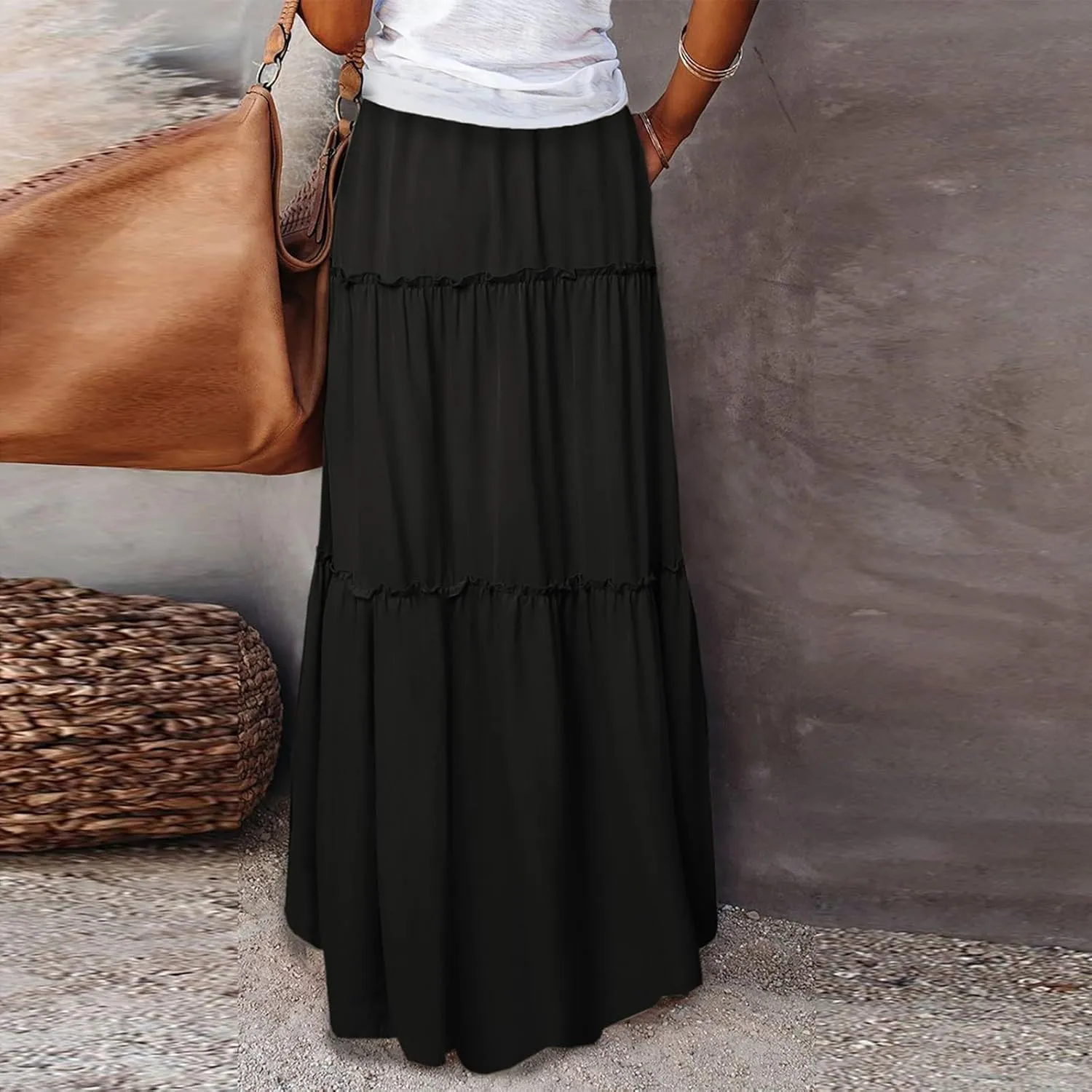 Long Skirts for Women 2025 Elastic Waist Solid Pleated Ruffle Boho Flowy A line Maxi Skirt, S-2XL