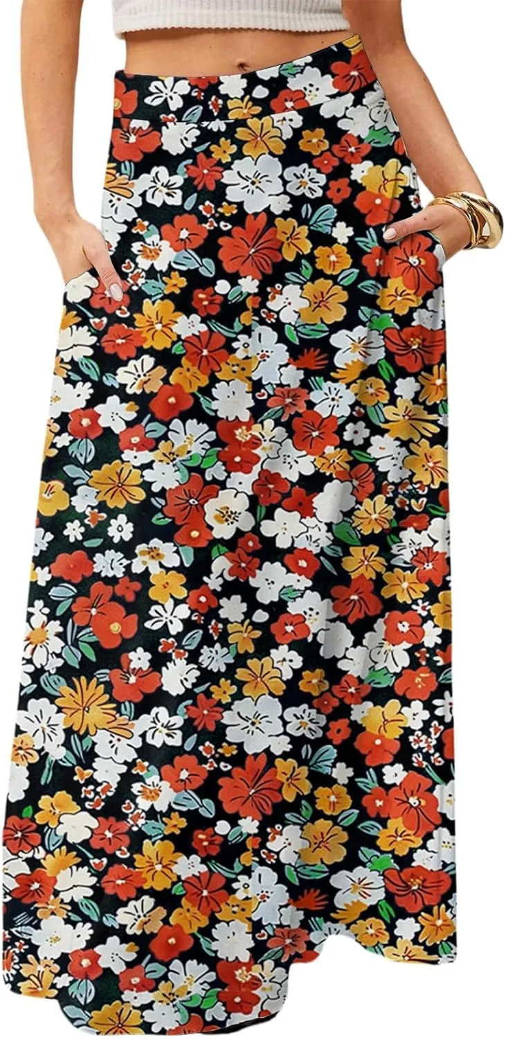 Long Skirts for Women Casual High Waist Maxi Skirt Flowy Aline Boho Beach Vacation Skirts with Pockets