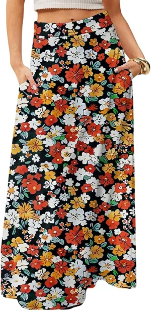 Long Skirts for Women Casual High Waist Maxi Skirt Flowy Aline Boho Beach Vacation Skirts with Pockets