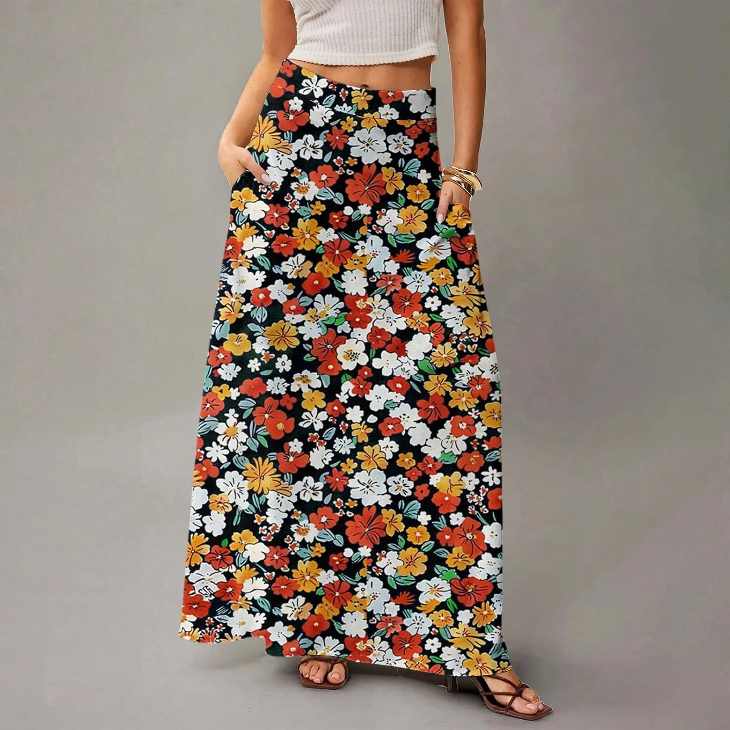 Long Skirts for Women Casual High Waist Maxi Skirt Flowy Aline Boho Beach Vacation Skirts with Pockets