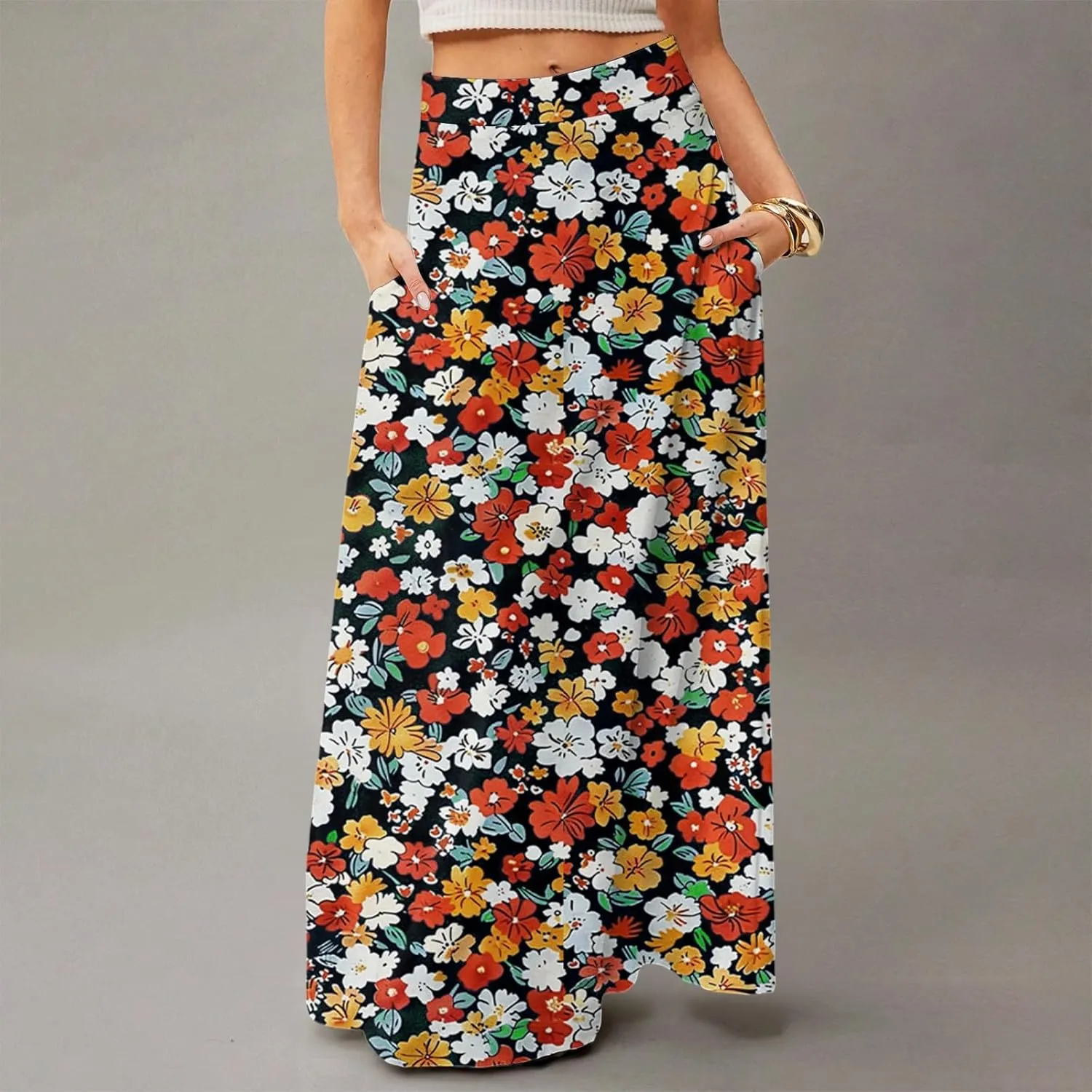 Long Skirts for Women Casual High Waist Maxi Skirt Flowy Aline Boho Beach Vacation Skirts with Pockets
