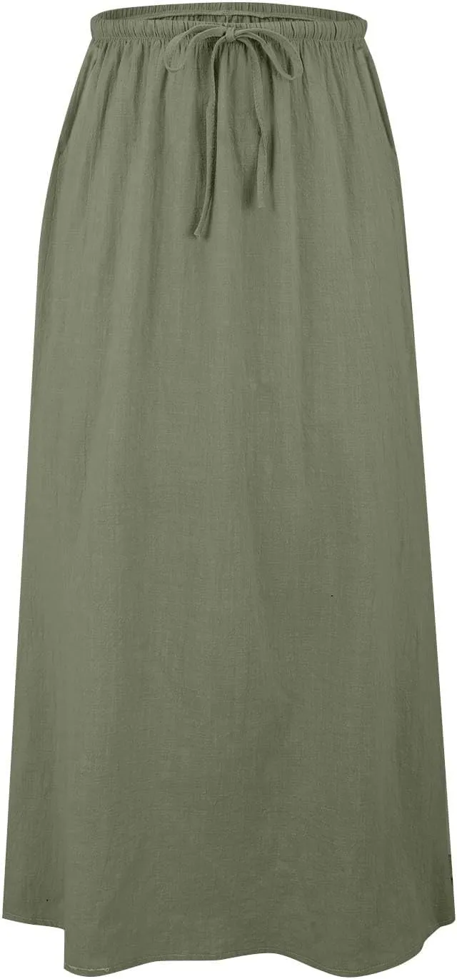 Long Skirts for Women Cotton Linen Boho Maxi Skirt Spring Summer Trendy Vacation Casual Flowy Drawstring Skirts