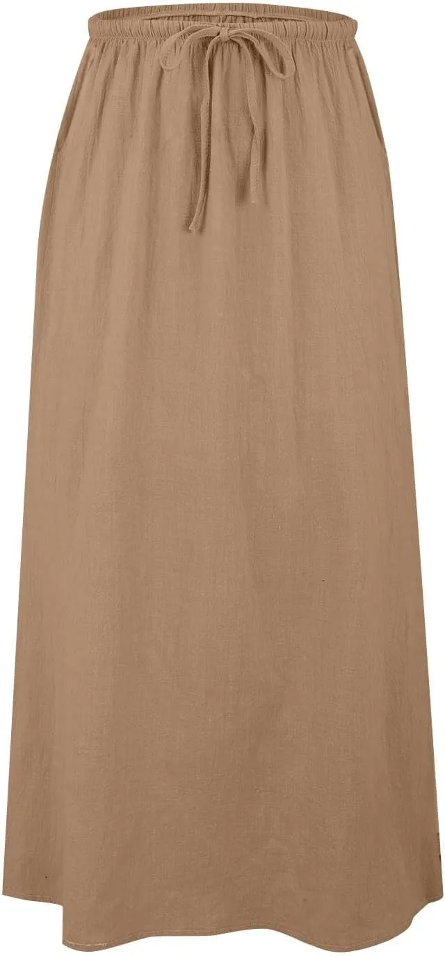 Long Skirts for Women Cotton Linen Boho Maxi Skirt Spring Summer Trendy Vacation Casual Flowy Drawstring Skirts
