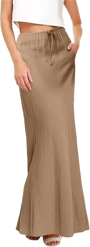 Long Skirts for Women Cotton Linen Boho Maxi Skirt Spring Summer Trendy Vacation Casual Flowy Drawstring Skirts