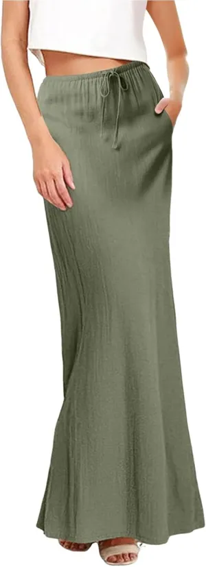 Long Skirts for Women Cotton Linen Boho Maxi Skirt Spring Summer Trendy Vacation Casual Flowy Drawstring Skirts