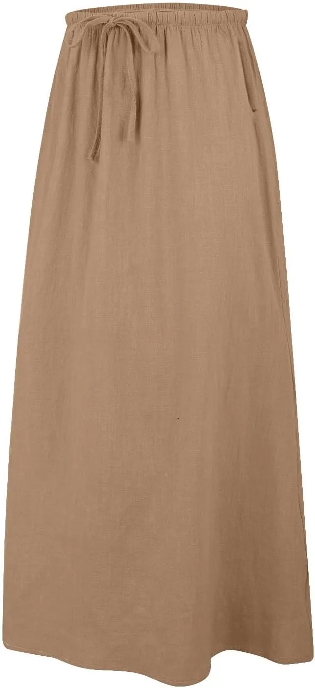 Long Skirts for Women Cotton Linen Boho Maxi Skirt Spring Summer Trendy Vacation Casual Flowy Drawstring Skirts