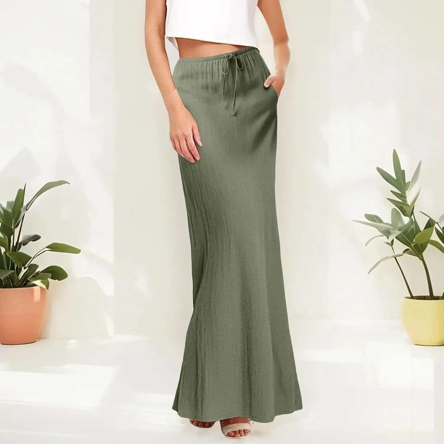 Long Skirts for Women Cotton Linen Boho Maxi Skirt Spring Summer Trendy Vacation Casual Flowy Drawstring Skirts