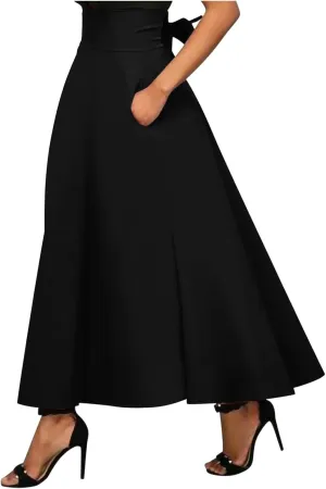 Long Skirts for Women Summer with Pockets Bandage High Waist Skirt Solid Causal Maxi Skirt Ruffle Flowy Work Skirts