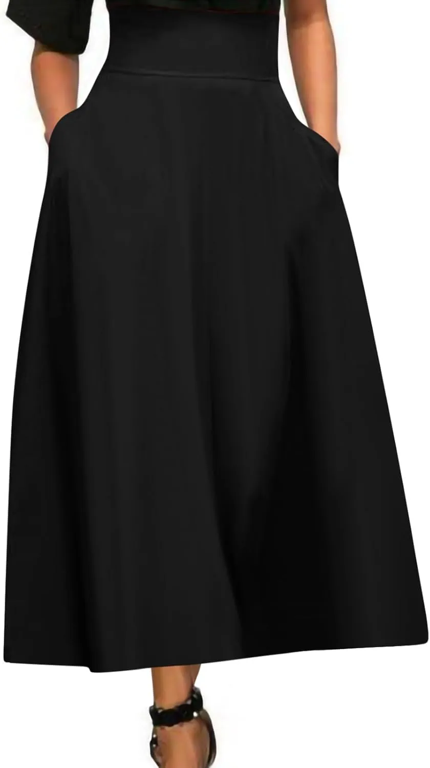 Long Skirts for Women Summer with Pockets Bandage High Waist Skirt Solid Causal Maxi Skirt Ruffle Flowy Work Skirts