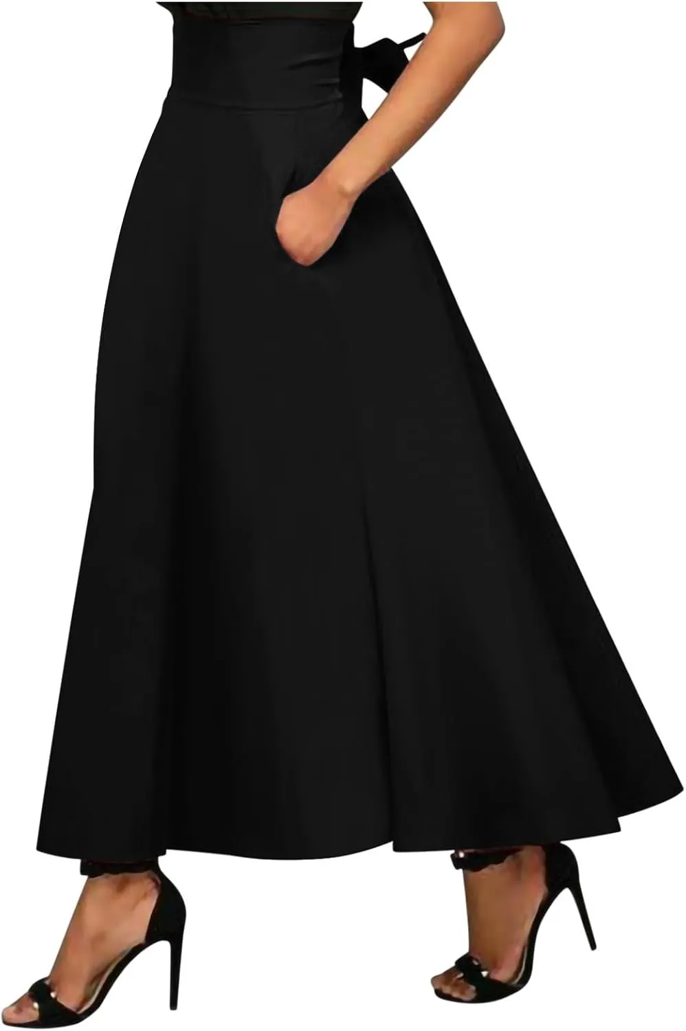 Long Skirts for Women Summer with Pockets Bandage High Waist Skirt Solid Causal Maxi Skirt Ruffle Flowy Work Skirts