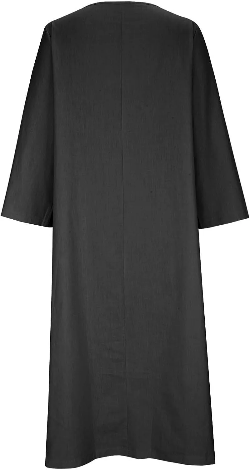 Long Sleeve Cotton Linen Midi Dress for Women,Plus Size Casual Elegant Plain Ruched Summer Long Holiday Dresses