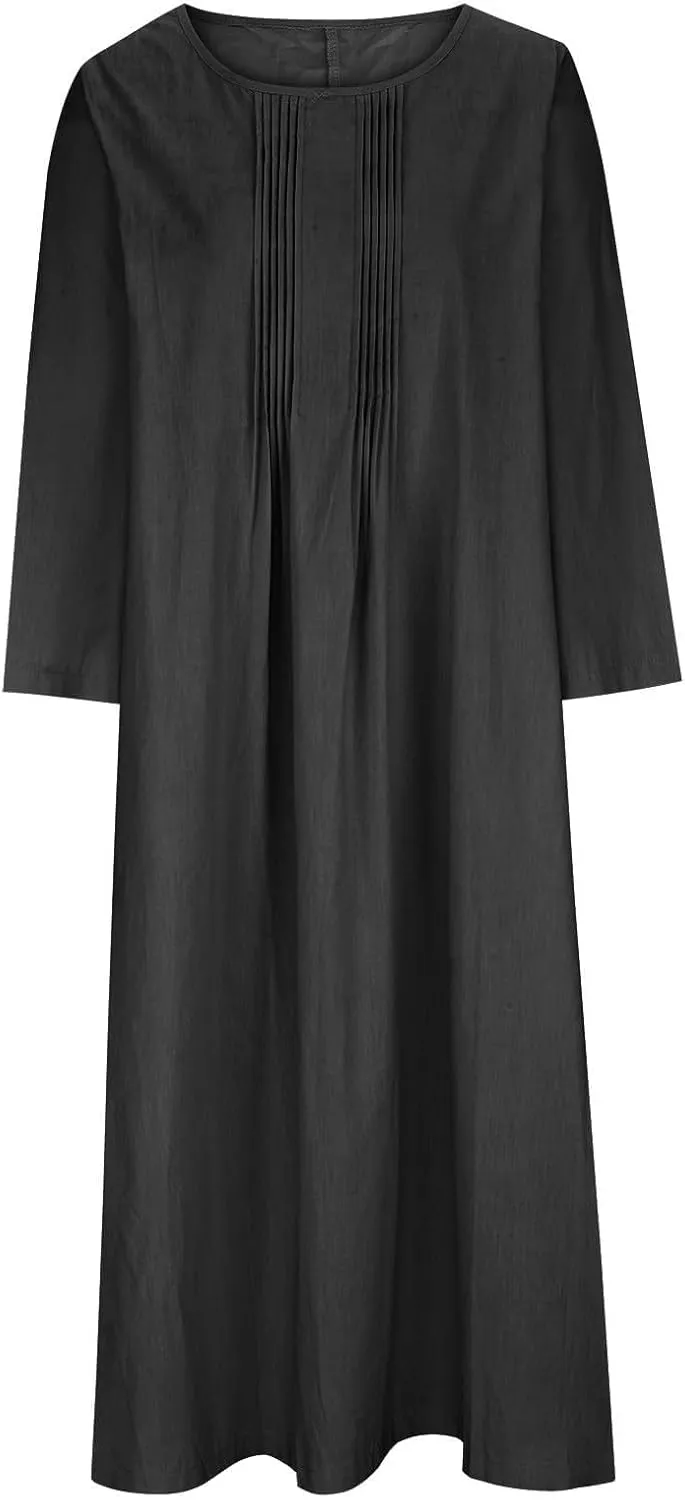 Long Sleeve Cotton Linen Midi Dress for Women,Plus Size Casual Elegant Plain Ruched Summer Long Holiday Dresses
