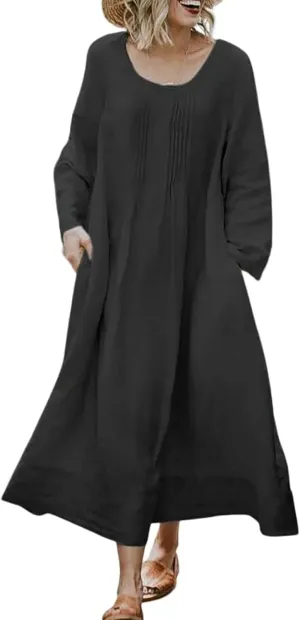 Long Sleeve Cotton Linen Midi Dress for Women,Plus Size Casual Elegant Plain Ruched Summer Long Holiday Dresses