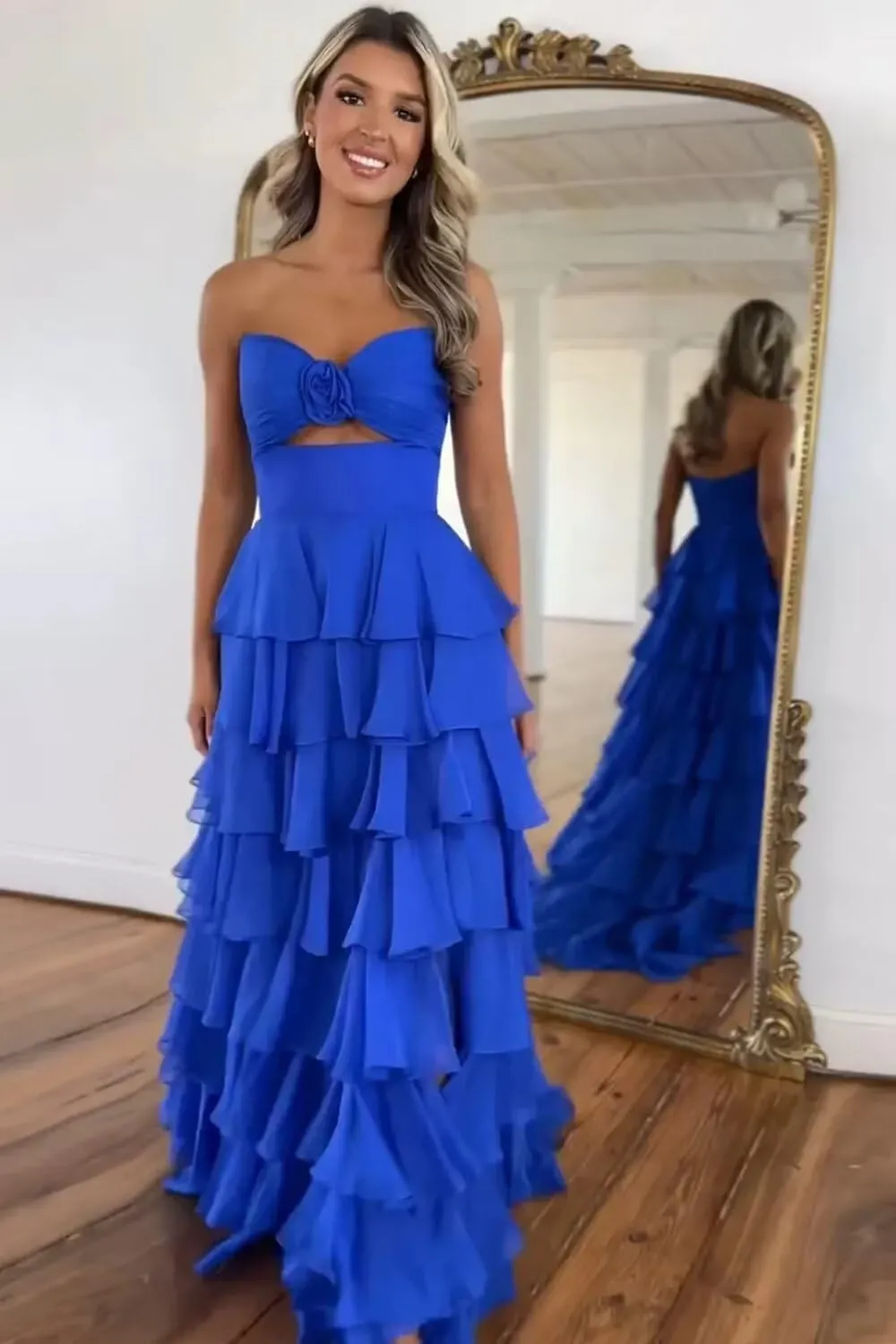 Long Strapless Prom Dresses for Women A Line Tiered Ruffles Chiffon Formal Evening Party Gowns with Slit
