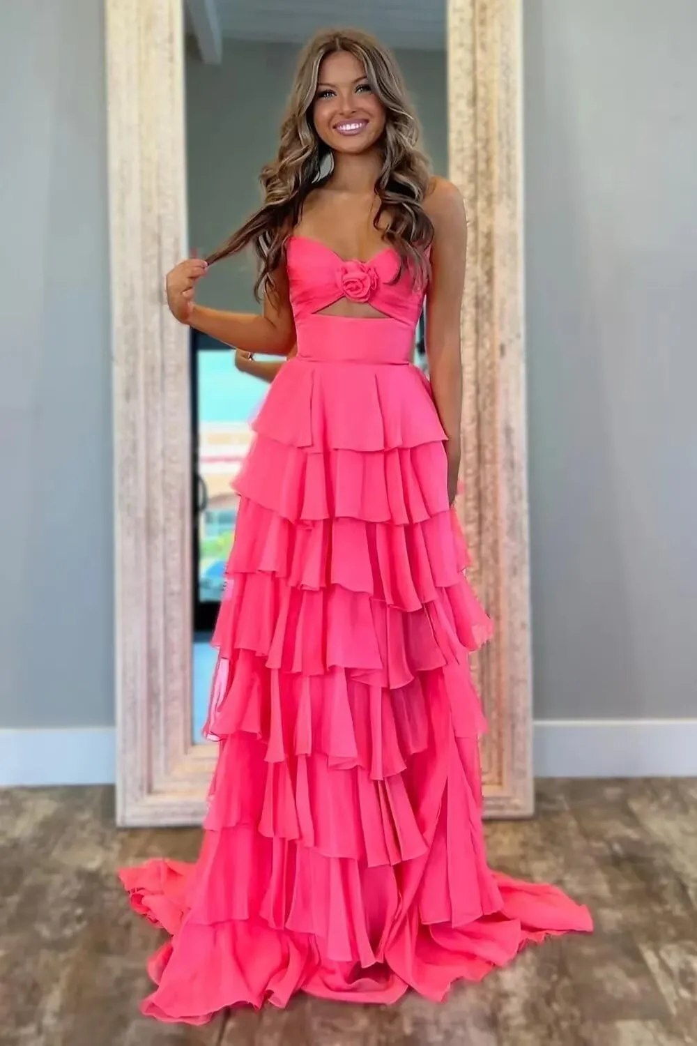 Long Strapless Prom Dresses for Women A Line Tiered Ruffles Chiffon Formal Evening Party Gowns with Slit