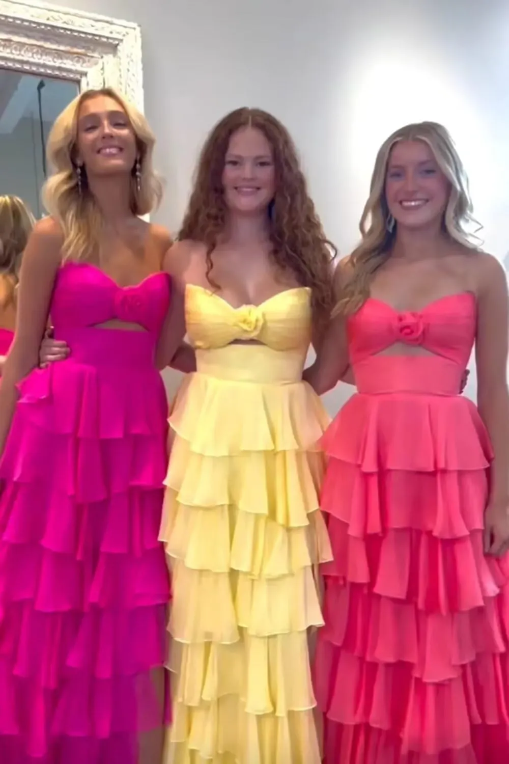 Long Strapless Prom Dresses for Women A Line Tiered Ruffles Chiffon Formal Evening Party Gowns with Slit