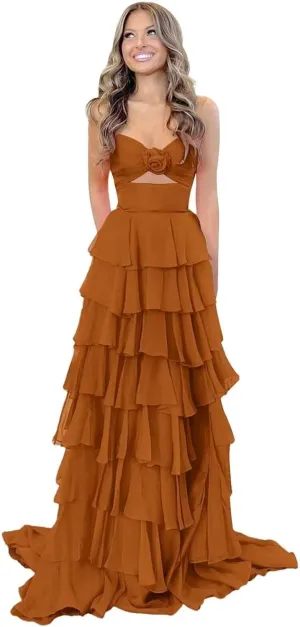 Long Strapless Prom Dresses for Women A Line Tiered Ruffles Chiffon Formal Evening Party Gowns with Slit
