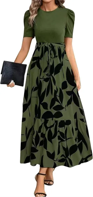 Long Summer Dresses for Women 2025 Cute Puff Sleeve Spring Floral Dresses Patchwork a Line Boho Maxi Dress with Belt