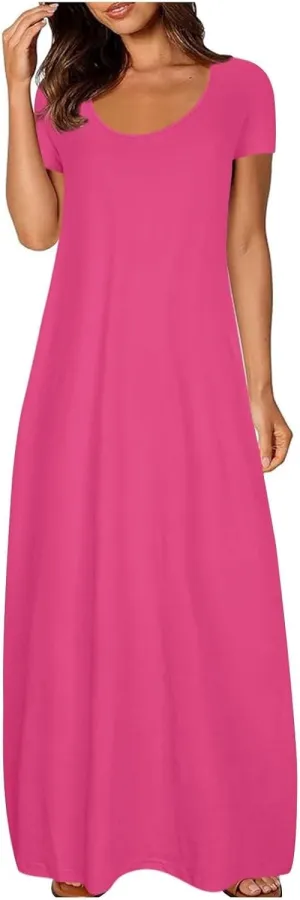 Loose Fit Plus Size Dresses for Curvy Women Short Sleeve Crew Neck Summer Beach Dresses Flowy Maxi Tshirt Sundresses