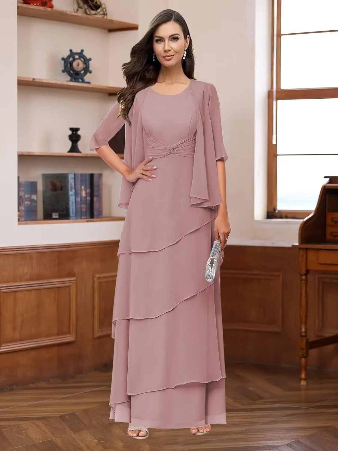 Loyeloy Women's Jewel 2 Pieces Mother of The Bride Dresses with Pockets 2025 Chiffon Aline Maxi Formal Evening Gowns