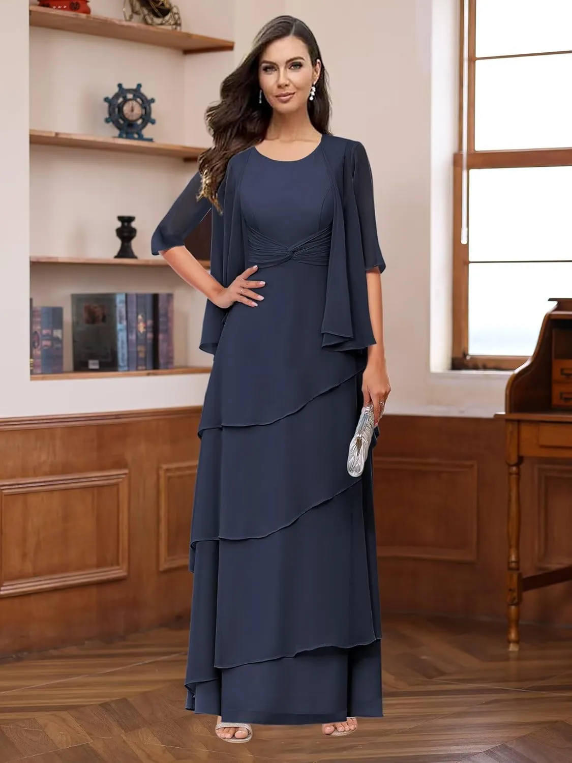 Loyeloy Women's Jewel 2 Pieces Mother of The Bride Dresses with Pockets 2025 Chiffon Aline Maxi Formal Evening Gowns