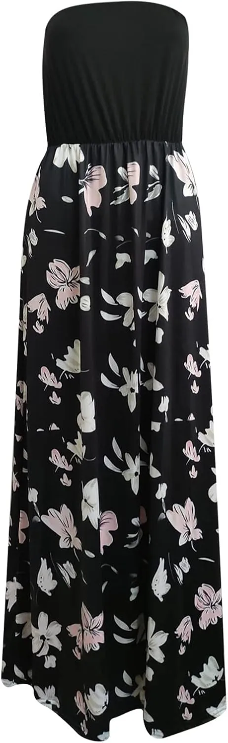 Lpmadey Women's 2024 Summer Bohemian Floral Printed Strapless Beach Party Long Maxi Dress Bandeau Sundress with Pockets