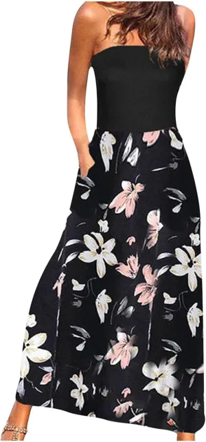 Lpmadey Women's 2024 Summer Bohemian Floral Printed Strapless Beach Party Long Maxi Dress Bandeau Sundress with Pockets